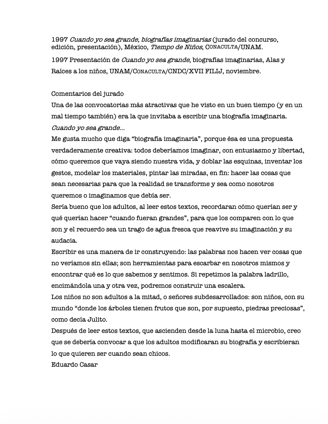 Portada de Cuando yo sea grande, biografías imaginarias (jurado del concurso, edición, presentación